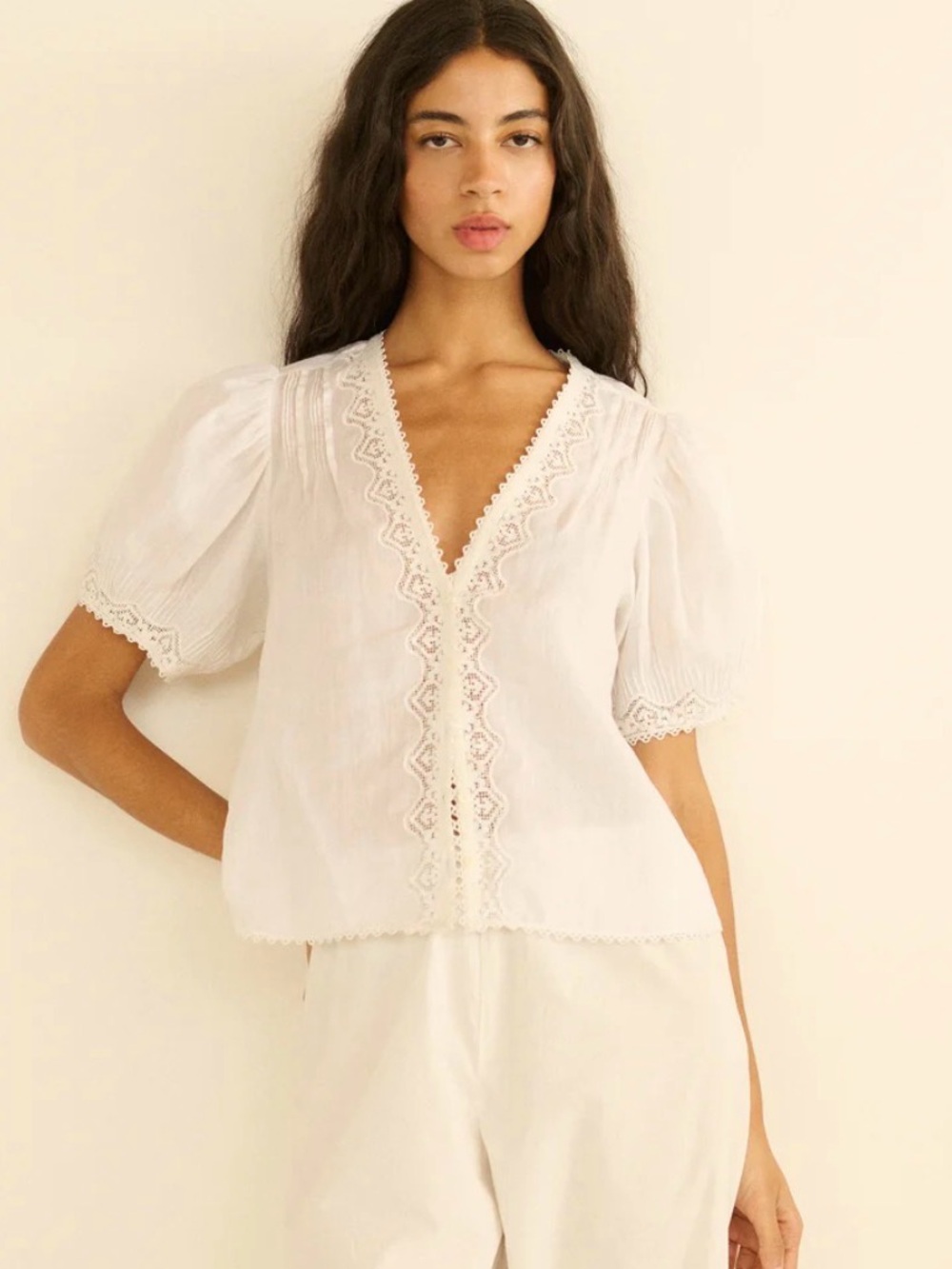 Doen White Eyelet Lace V-Neck Puff Sleeve Top - Picture 2 of 7